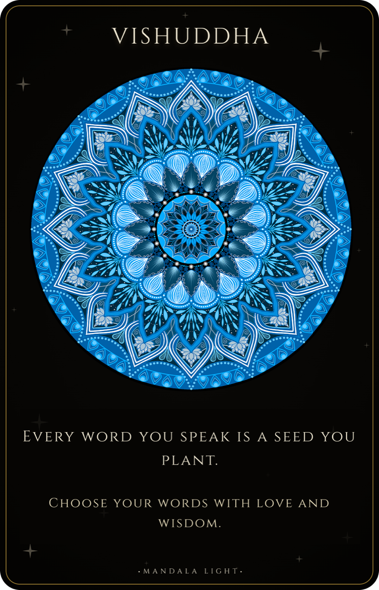 Vishuddha mandala card — Every word you speak is a seed you plant. Choose your words with love and wisdom.